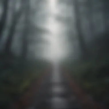 A pathway through a foggy landscape