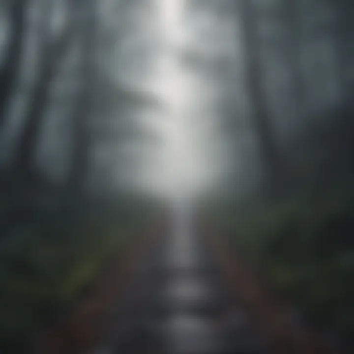 A pathway through a foggy landscape