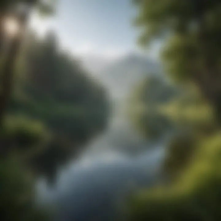 A serene landscape featuring a tranquil lake and lush greenery