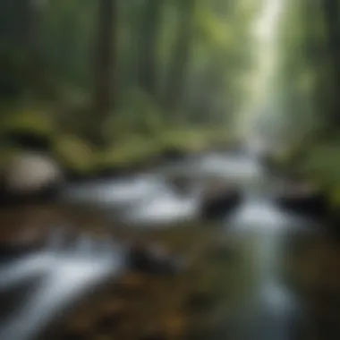 Flow of Tranquility A gentle stream flowing through a peaceful forest, representing clarity and emotional flow.