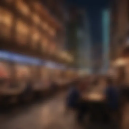 A vibrant cityscape showcasing diverse social venues.