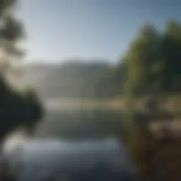 A serene landscape showcasing a solitary figure reflecting near a calm lake