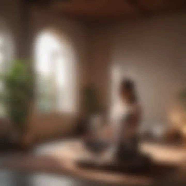 A peaceful meditation space with soft lighting and cushions.