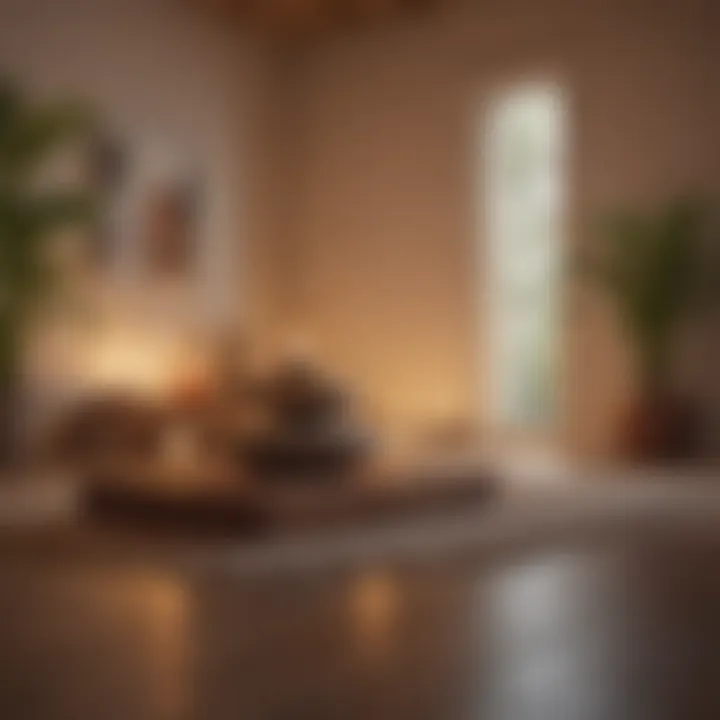 A peaceful meditation space with soft lighting and calming decorations.
