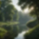 A serene landscape depicting a tranquil lake surrounded by lush greenery.