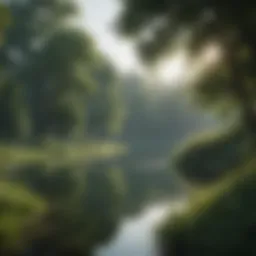 A serene landscape depicting a tranquil lake surrounded by lush greenery.
