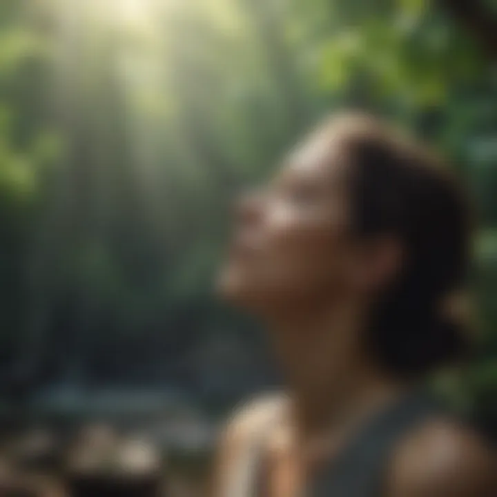 An individual practicing deep breathing in a tranquil setting.
