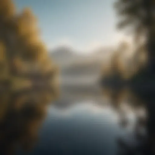 A serene landscape with a tranquil lake reflecting the sky