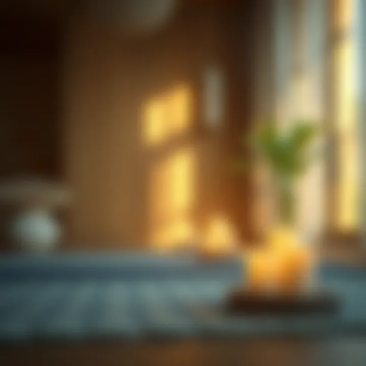 A tranquil meditation space with candles and soft light