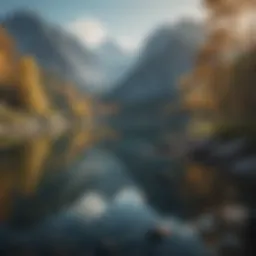 A serene nature scene with a tranquil lake and mountains