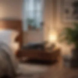 A serene bedroom setting with soft lighting and a record player playing soothing music.