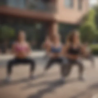 Individuals participating in a group fitness class outdoors