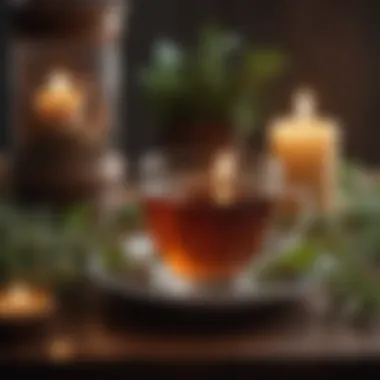 A warm cup of herbal tea next to a flickering candle for relaxation Calming herbal tea beside a candle