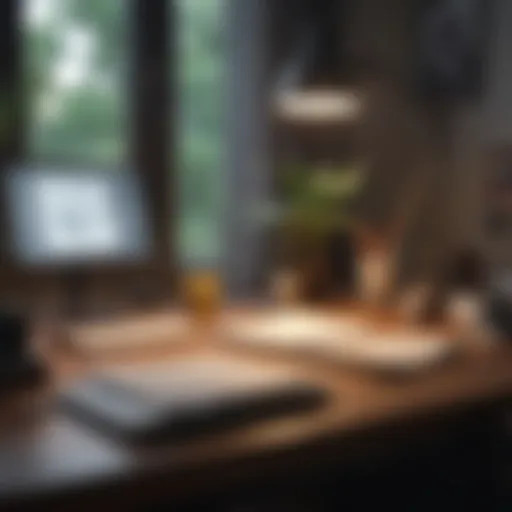 An organized workspace featuring a clean desk and focused lighting