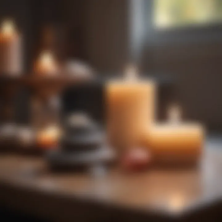 A collection of essential meditation tools such as candles, cushions, and crystals