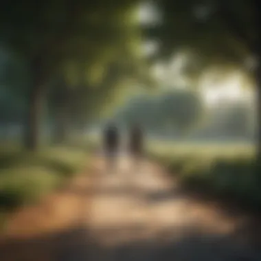 A serene park scene where two individuals are enjoying a peaceful walk and deep conversation