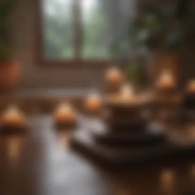 Close-up of a meditation setup with candles and calming elements