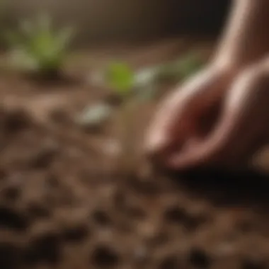 A close-up of a hand planting a seed in rich soil