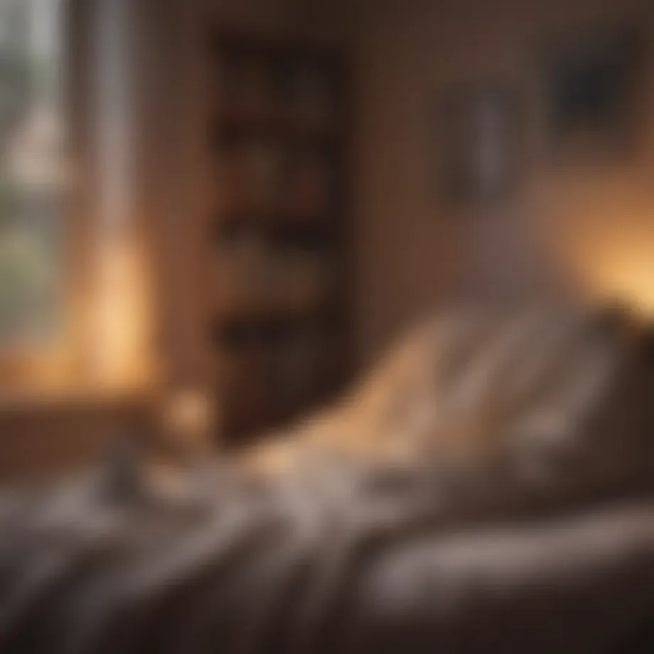 A cozy reading nook with warm lighting and soft blankets