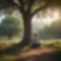 Serene landscape with a person meditating under a tree