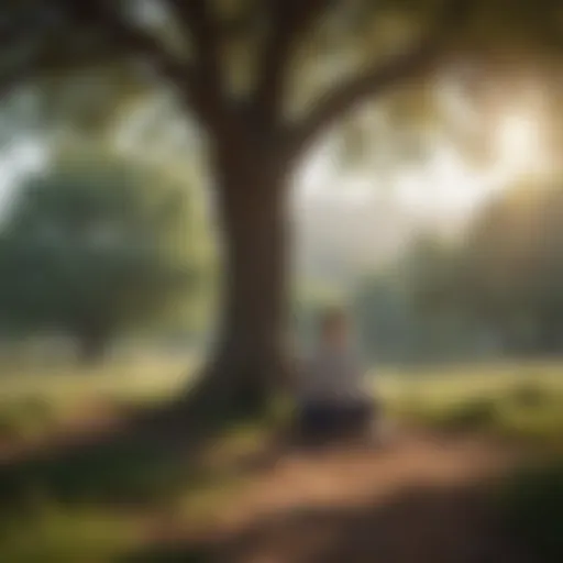 Serene landscape with a person meditating under a tree