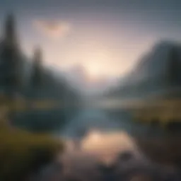 A serene landscape depicting a calm lake surrounded by mountains at dawn.