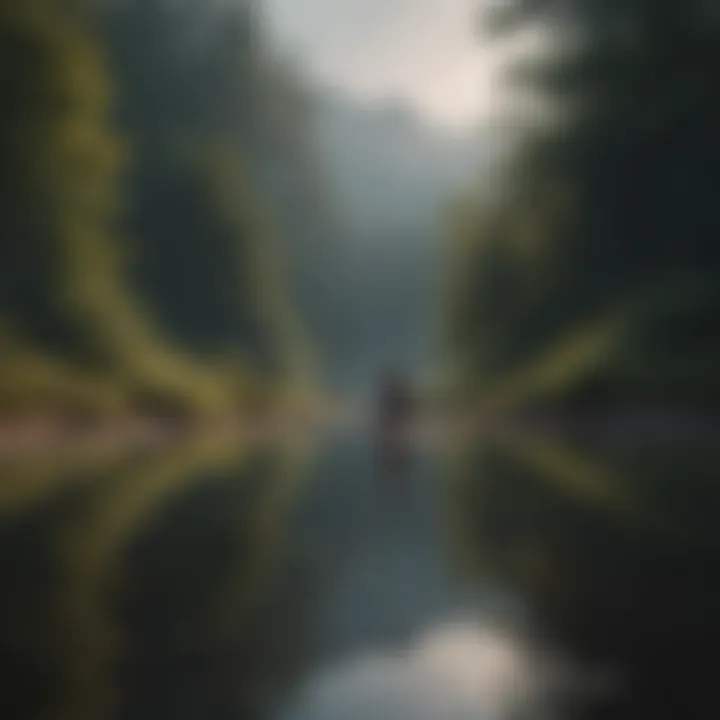 A serene landscape with a solitary figure reflecting