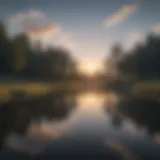 A serene landscape depicting a tranquil lake reflecting the sky