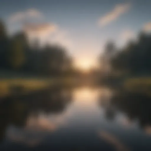 A serene landscape depicting a tranquil lake reflecting the sky