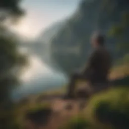 A serene landscape with a lone figure contemplating nature's beauty.