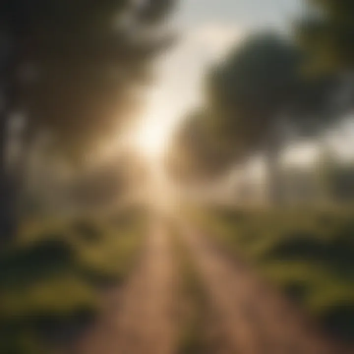 A pathway lined with trees leading toward a bright horizon